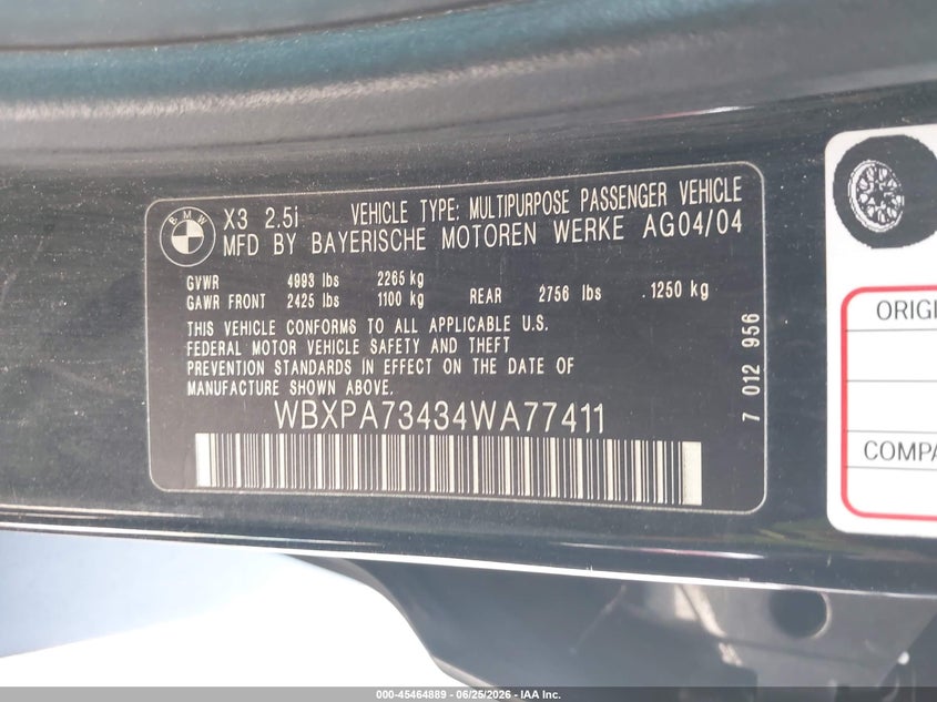 2004 BMW X3 VIN WBXPA73434WA77411 IAAI salvage auction — FRONT END, Salvage (Texas), sold $250 on 2026-07-29 (photo 9)