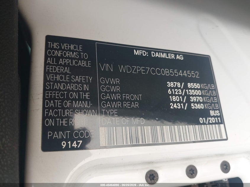 2011 Mercedes-benz Sprinter VIN WDZPE7CC0B5544552 IAAI salvage auction — ALL OVER, Original (Texas), sold $1,200 on 2026-07-13 (photo 9)