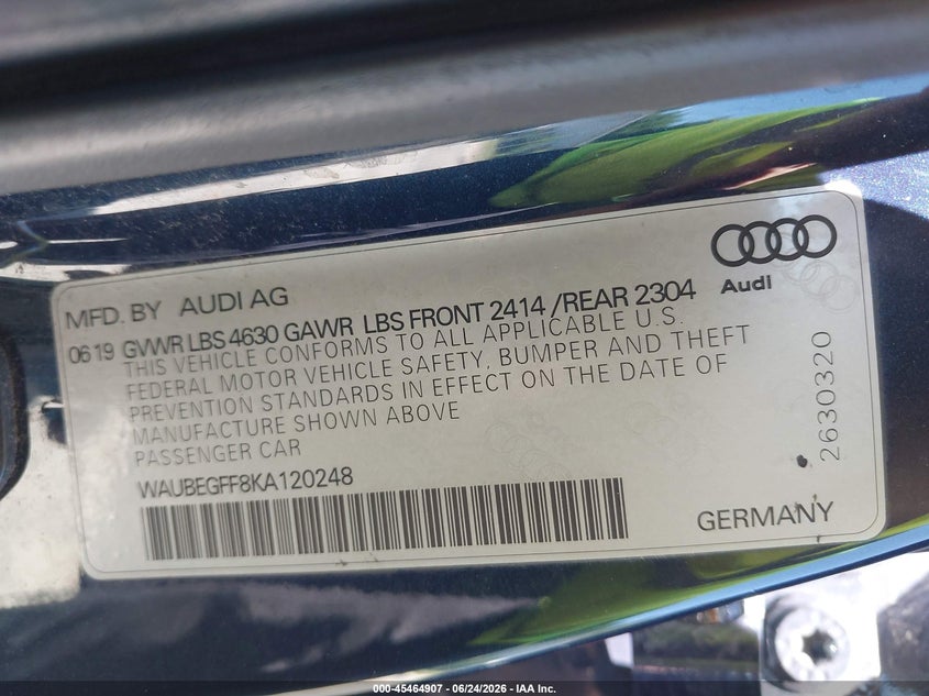 2019 Audi A3 VIN WAUBEGFF8KA120248 IAAI salvage auction — FRONT END, Salvage Title, sold $5,475 on 2026-08-21 (photo 9)