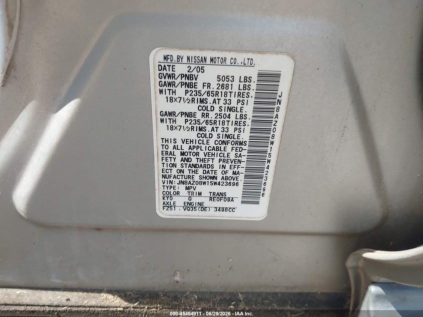 2005 Nissan Murano VIN JN8AZ08W15W423696 IAAI salvage auction — NORMAL WEAR, Clear (Oklahoma), sold $125 on 2026-07-08 (photo 9)