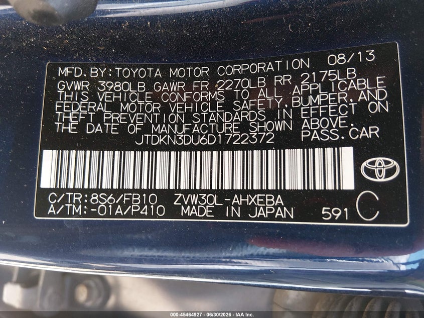 2013 Toyota Prius VIN JTDKN3DU6D1722372 IAAI salvage auction — NORMAL WEAR, Clear (Tennessee), sold $1,600 on 2026-07-23 (photo 9)