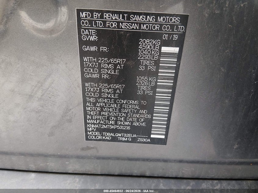 2019 Nissan Rogue VIN KNMAT2MT5KP531216 IAAI salvage auction — NORMAL WEAR, Clear (Illinois), sold $1,425 on 2026-07-14 (photo 9)