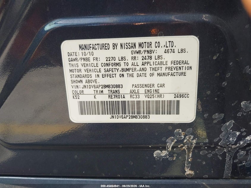 2011 Infiniti G25 VIN JN1DV6AP2BM830883 IAAI salvage auction — NORMAL WEAR, Salvage (California), sold $650 on 2026-07-28 (photo 9)