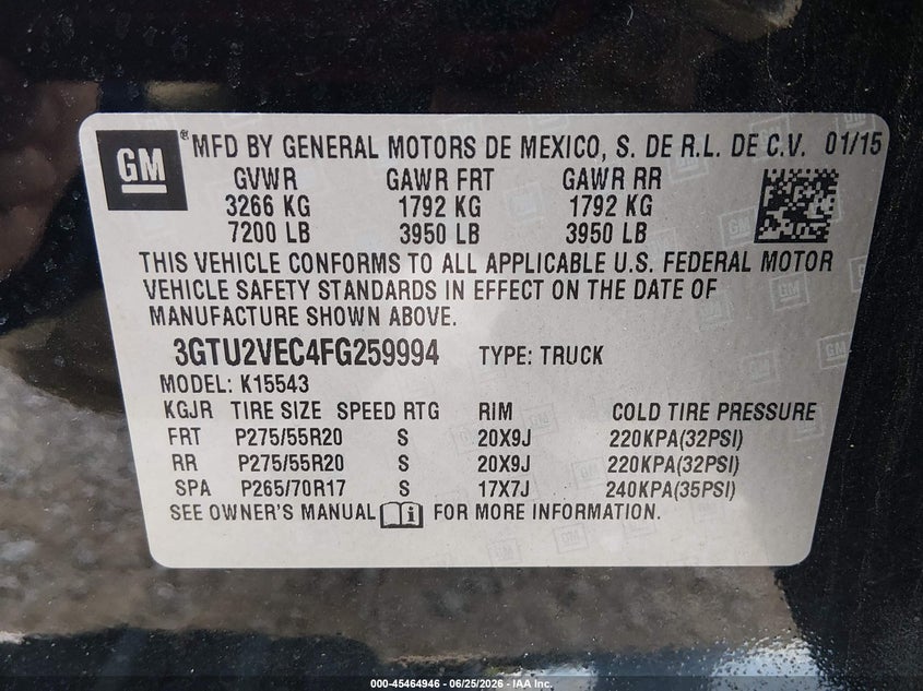 2015 Gmc SIERRA VIN 3GTU2VEC4FG259994 IAAI salvage auction — RIGHT FRONT, Salvage (Tennessee), sold $4,500 on 2026-07-11 (photo 9)