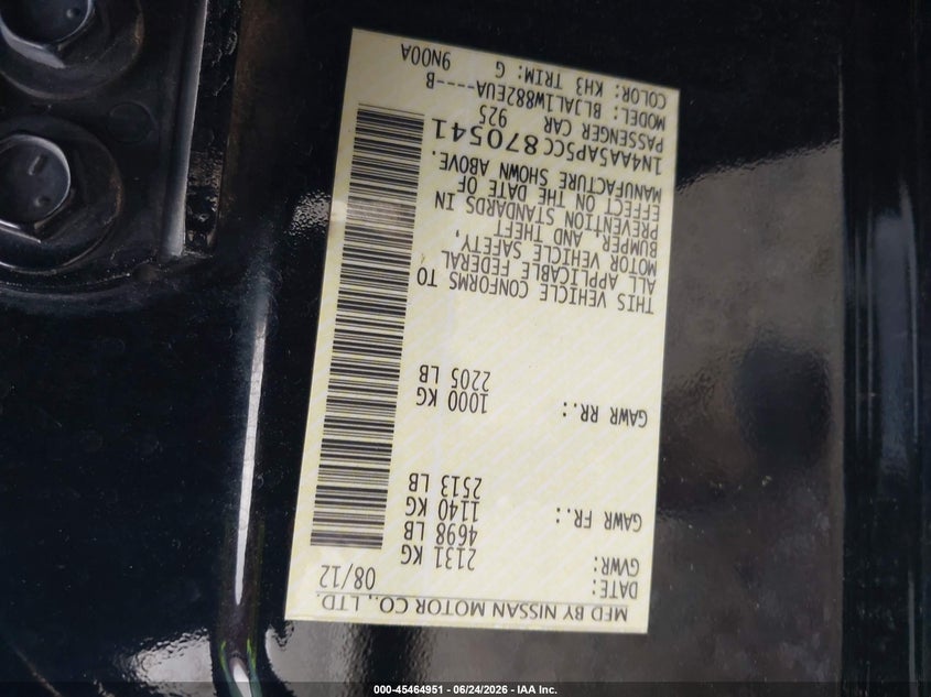 2012 Nissan Maxima VIN 1N4AA5AP5CC870541 IAAI salvage auction — FRONT END, Salvage Title, sold $1,950 on 2026-07-31 (photo 9)