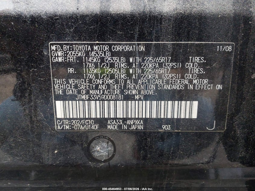 2009 Toyota Rav4 VIN JTMBF33V59D008181 IAAI salvage auction — NORMAL WEAR, Clear (Massachusetts), sold $2,500 on 2026-07-21 (photo 9)