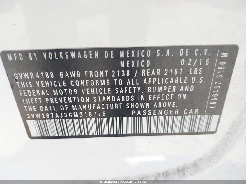 2016 Volkswagen Jetta VIN 3VW267AJ3GM319775 IAAI salvage auction — NORMAL WEAR, Clear (Pennsylvania), sold $700 on 2026-07-18 (photo 9)
