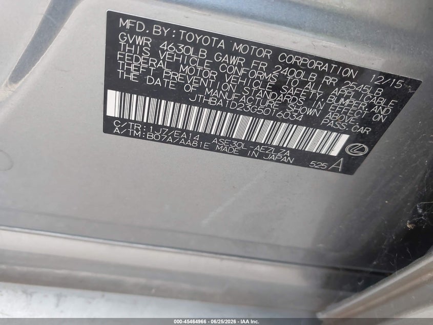 2016 Lexus Is VIN JTHBA1D23G5016034 IAAI salvage auction — FRONT END, Salvage (Texas), sold $1,400 on 2026-07-28 (photo 9)