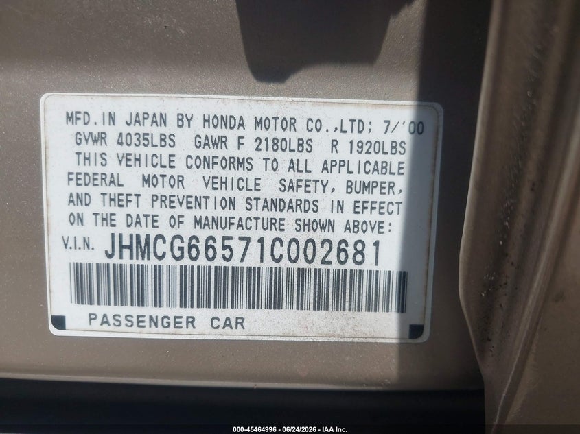 2001 Honda Accord VIN JHMCG66571C002681 IAAI salvage auction — RIGHT SIDE, Salvage - Greater Than 75% (Maryland), sold $325 on 2026-07-15 (photo 9)