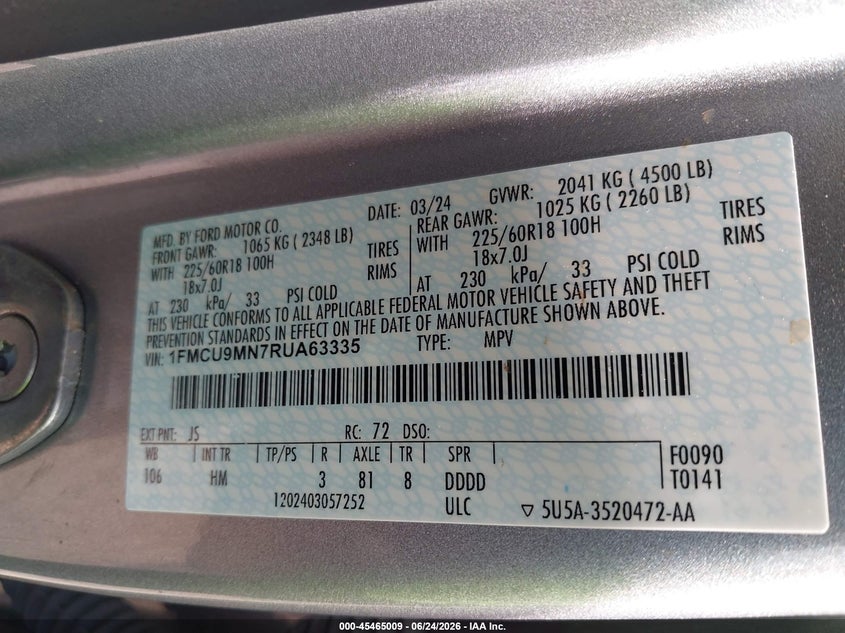 2024 Ford Escape VIN 1FMCU9MN7RUA63335 IAAI salvage auction — WATER/FLOOD, Rebuildable (Florida), sold $7,100 on 2026-07-23 (photo 9)