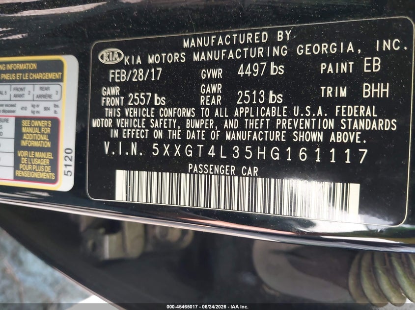 2017 Kia Optima VIN 5XXGT4L35HG161117 IAAI salvage auction — NORMAL WEAR, Clear (Virginia), sold $1,475 on 2026-07-23 (photo 9)