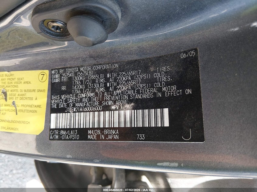 2006 Toyota Highlander hybrid VIN JTEEW21A160006000 IAAI salvage auction — RIGHT SIDE, Clear (Indiana), sold $25 on 2026-07-29 (photo 9)