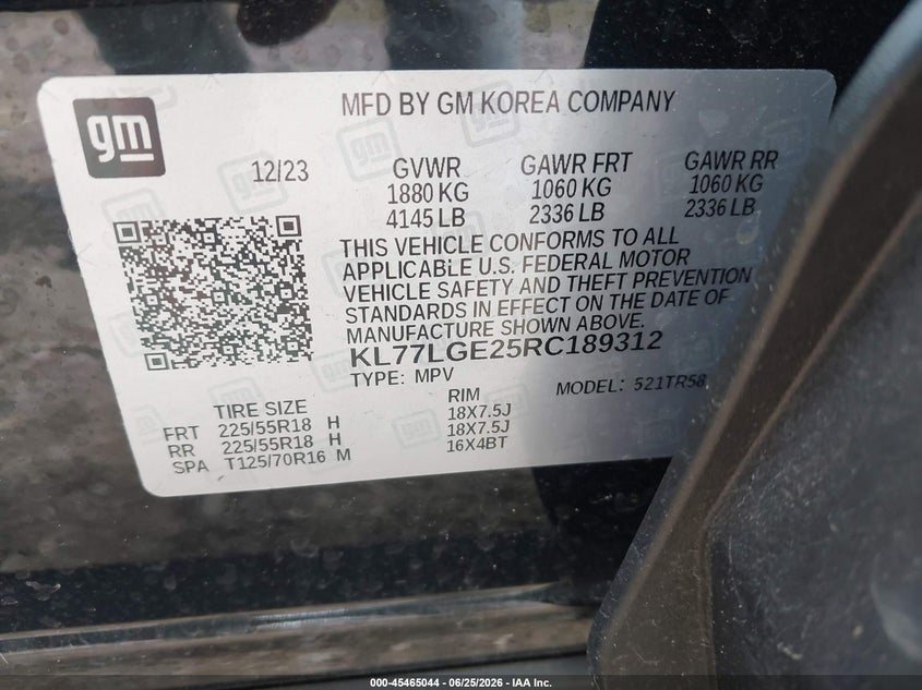 2024 Chevrolet Trax VIN KL77LGE25RC189312 IAAI salvage auction — HAIL, Clear Claim Paid (Wisconsin), sold $8,950 on 2026-07-08 (photo 9)