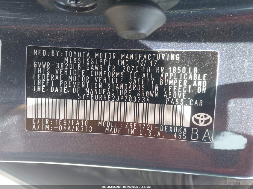 2018 Toyota Corolla VIN 5YFBURHE2JP783234 IAAI salvage auction — FRONT END, Salvage (Missouri), sold $1,350 on 2026-07-21 (photo 9)