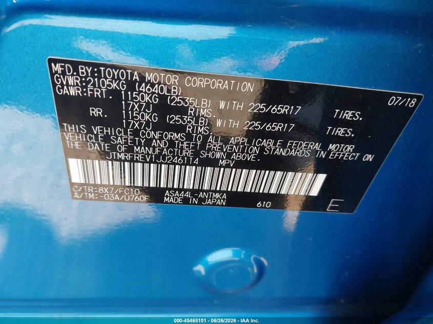 2018 Toyota Rav 4 VIN JTMRFREV1JJ246114 IAAI salvage auction — FRONT END, Mv-907A (New York), sold $7,000 on 2026-07-14 (photo 9)