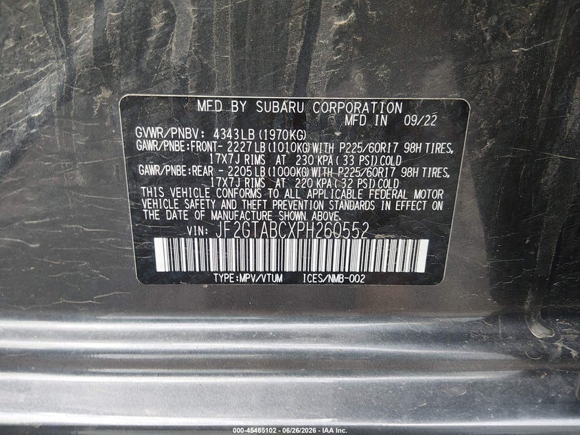 2023 Subaru Xv VIN JF2GTABCXPH260552 IAAI salvage auction — FRONT END, Mv-907A (New York), sold $4,300 on 2026-07-12 (photo 9)