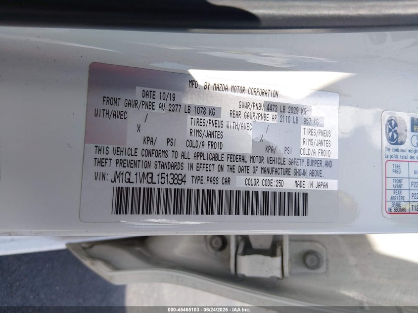 2020 Mazda 6 VIN JM1GL1VM3L1513894 IAAI salvage auction — RIGHT FRONT, Salvage Title, sold $2,000 on 2026-07-30 (photo 9)
