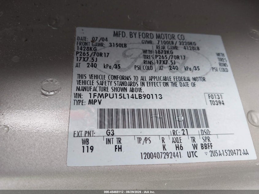 2004 Ford Expedition VIN 1FMPU15L14LB90113 IAAI salvage auction — FRONT END, Salvage (North Carolina), sold $575 on 2026-07-22 (photo 9)