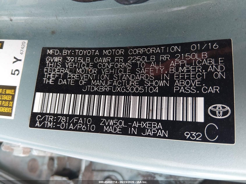2016 Toyota Prius VIN JTDKBRFUXG3005104 IAAI salvage auction — NORMAL WEAR, Clear (Pennsylvania), sold $2,900 on 2026-07-24 (photo 9)