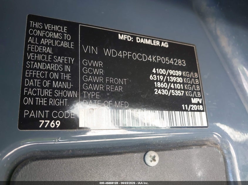2019 Mercedes-benz Sprinter VIN WD4PF0CD4KP054283 IAAI salvage auction — LEFT & RIGHT, Original (Kentucky), sold $5,000 on 2026-07-08 (photo 9)