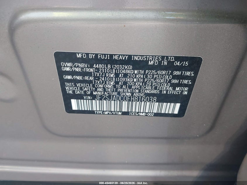 2015 Subaru Forester VIN JF2SJADC0FH816038 IAAI salvage auction — NORMAL WEAR, Clear (Georgia), sold $375 on 2026-07-29 (photo 9)