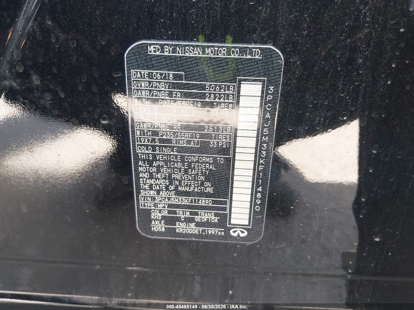 2019 Infiniti Qx50 VIN 3PCAJ5M33KF114890 IAAI salvage auction — HAIL, Salvage Title, sold $7,250 on 2026-10-20 (photo 9)
