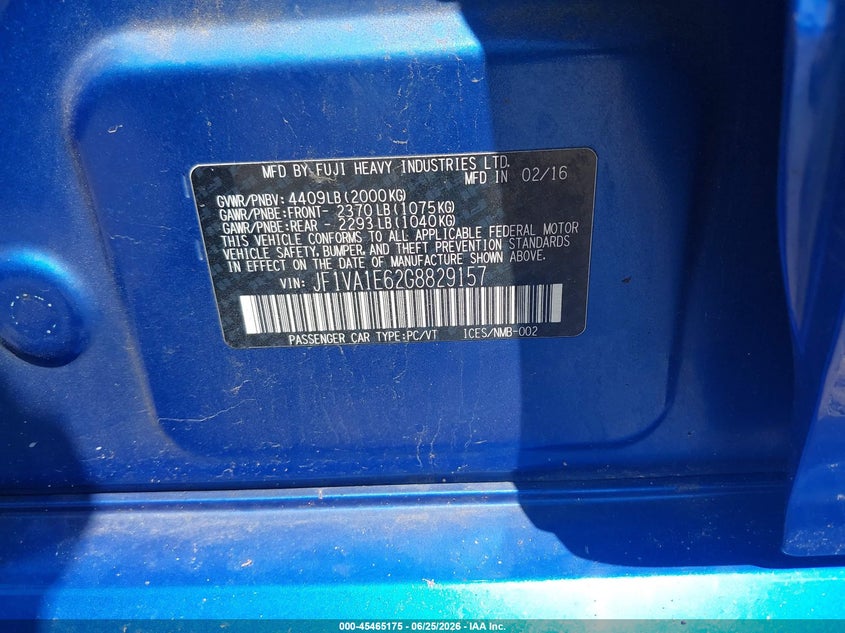 2016 Subaru Wrx VIN JF1VA1E62G8829157 IAAI salvage auction — LEFT REAR, Mv-907A (New York), sold $3,125 on 2026-07-28 (photo 9)