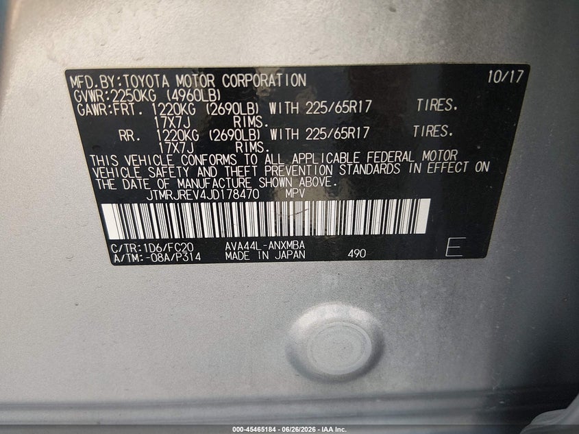2018 Toyota Rav 4 VIN JTMRJREV4JD178470 IAAI salvage auction — REAR END, Salvage (Tennessee), sold $6,400 on 2026-07-15 (photo 9)