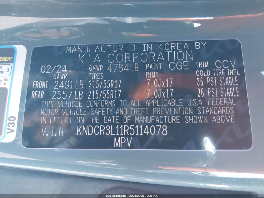 2024 Kia VIN KNDCR3L11R5114078 IAAI salvage auction — FRONT END, Salvage Title, sold $25 on 2026-07-31 (photo 9)