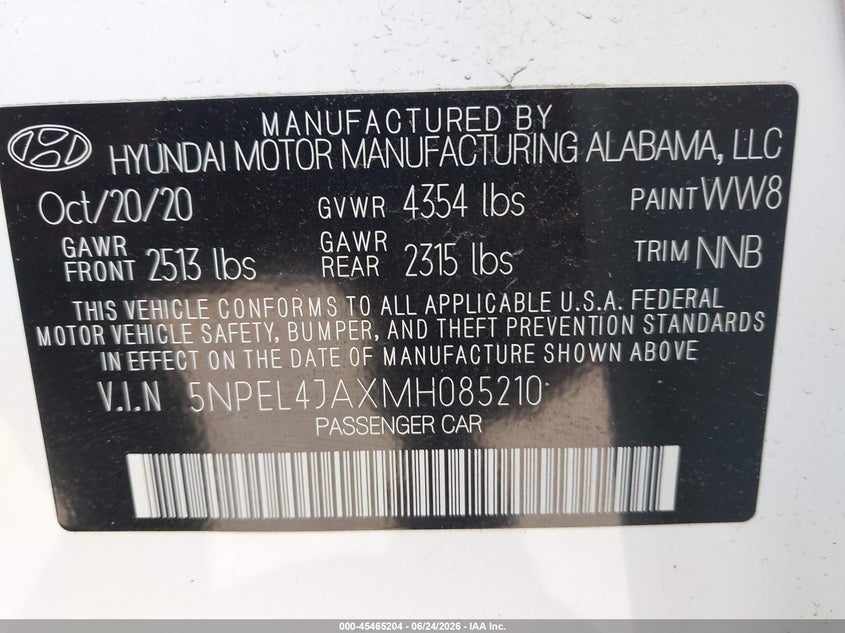 2021 Hyundai Sonata VIN 5NPEL4JAXMH085210 IAAI salvage auction — RIGHT FRONT, Mv-907A (New York), sold $2,425 on 2026-07-21 (photo 9)