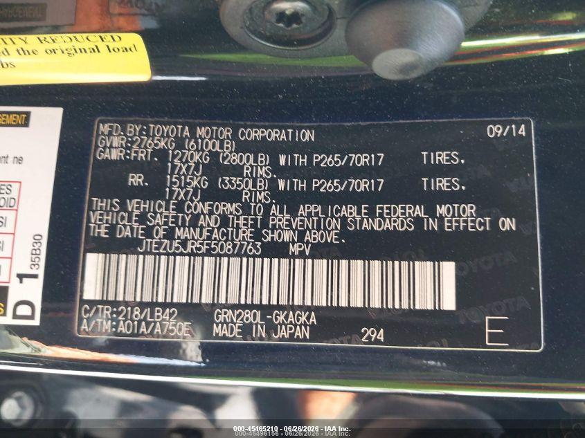 2015 Toyota 4runner VIN JTEZU5JR5F5087763 IAAI salvage auction — WATER/FLOOD, Salvage Title, sold $5,700 on 2026-07-29 (photo 9)