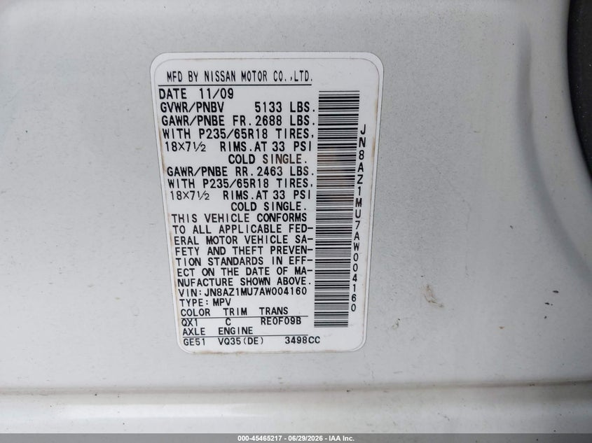 2010 Nissan Murano VIN JN8AZ1MU7AW004160 IAAI salvage auction — NORMAL WEAR, Clear (Tennessee), sold $300 on 2026-07-29 (photo 9)