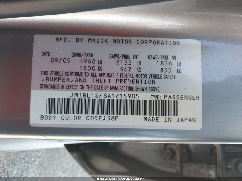 2010 Mazda 3 VIN JM1BL1SF8A1215905 IAAI salvage auction — RIGHT FRONT, Rebuildable (Florida), sold $375 on 2026-07-23 (photo 9)