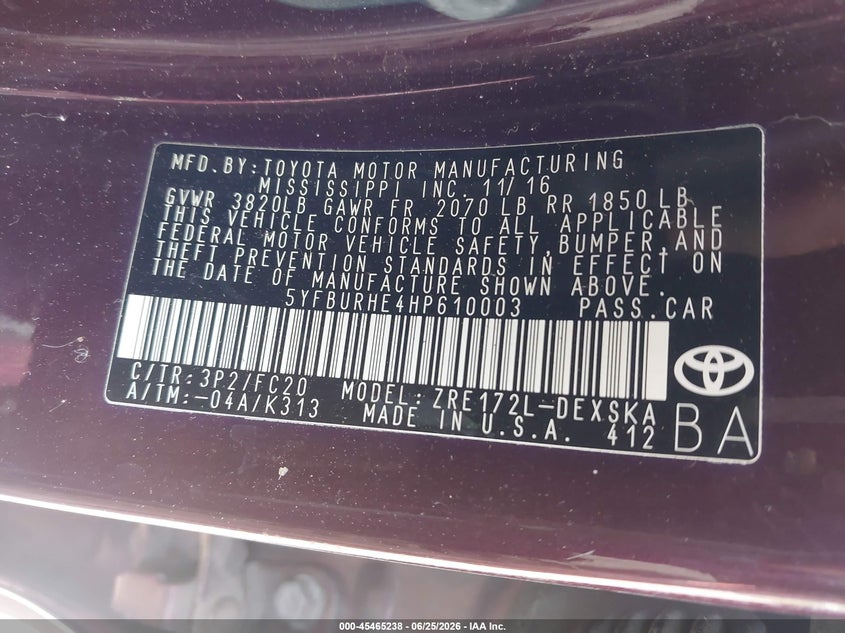 2017 Toyota Corolla VIN 5YFBURHE4HP610003 IAAI salvage auction — FRONT END, Mv-907A (New York), sold $1,050 on 2026-07-28 (photo 9)