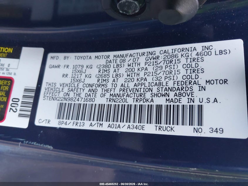 2008 Toyota Tacoma VIN 5TENX22N98Z471680 IAAI salvage auction — NORMAL WEAR, Clear (Virginia), sold $2,650 on 2026-07-14 (photo 9)