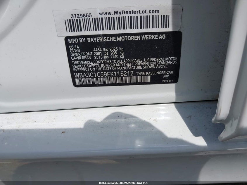 2014 BMW 3er VIN WBA3C1C59EK116212 IAAI salvage auction — FRONT END, Salvage Title, sold $500 on 2026-07-21 (photo 9)
