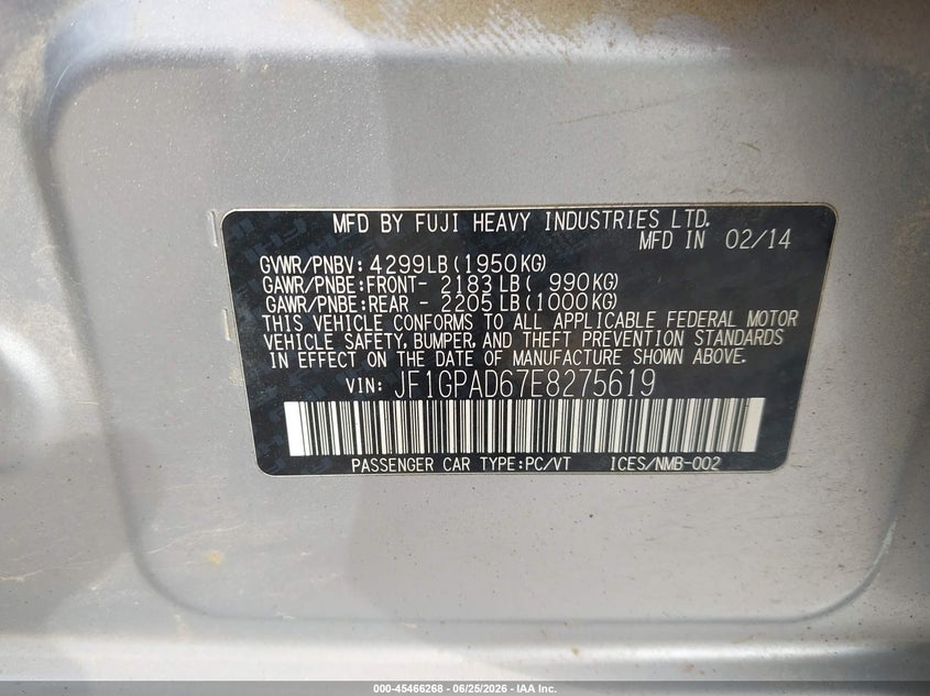 2014 Subaru Impreza VIN JF1GPAD67E8275619 IAAI salvage auction — RIGHT FRONT, Salvage (Pennsylvania), sold $425 on 2026-07-28 (photo 9)
