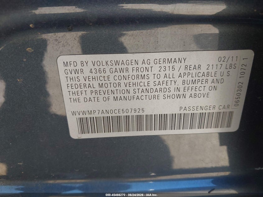 2012 Volkswagen VIN WVWMP7AN0CE507925 IAAI salvage auction — ENGINE BURN, Salvage - Greater Than 75% (Maryland), sold $300 on 2026-07-16 (photo 9)