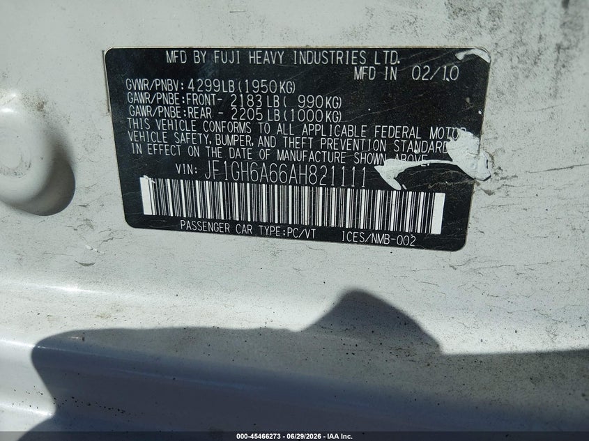 2010 Subaru Impreza VIN JF1GH6A66AH821111 IAAI salvage auction — NORMAL WEAR, Regular (Nevada), sold $150 on 2026-07-10 (photo 9)