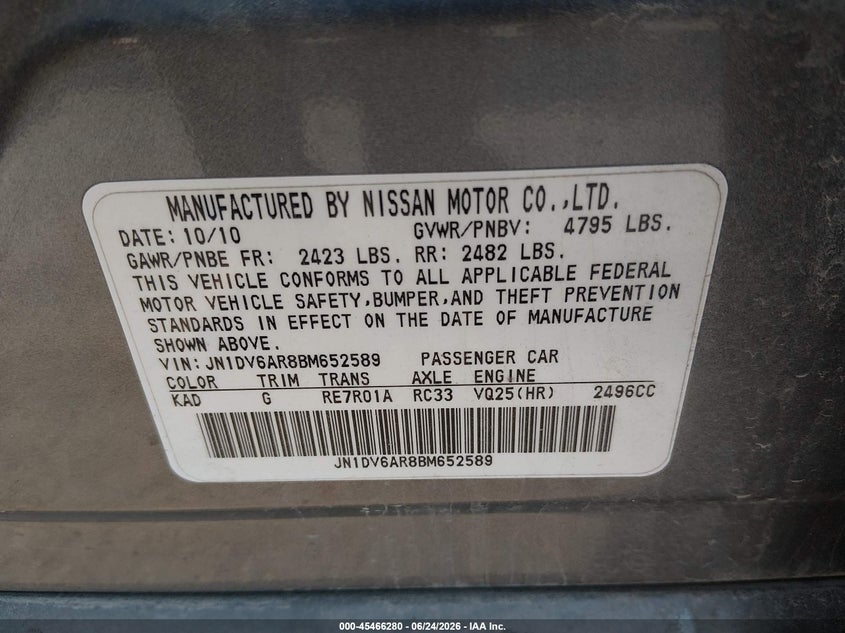 2011 Infiniti G25 VIN JN1DV6AR8BM652589 IAAI salvage auction — HAIL, Salvage (Iowa), sold $25 on 2026-07-28 (photo 9)