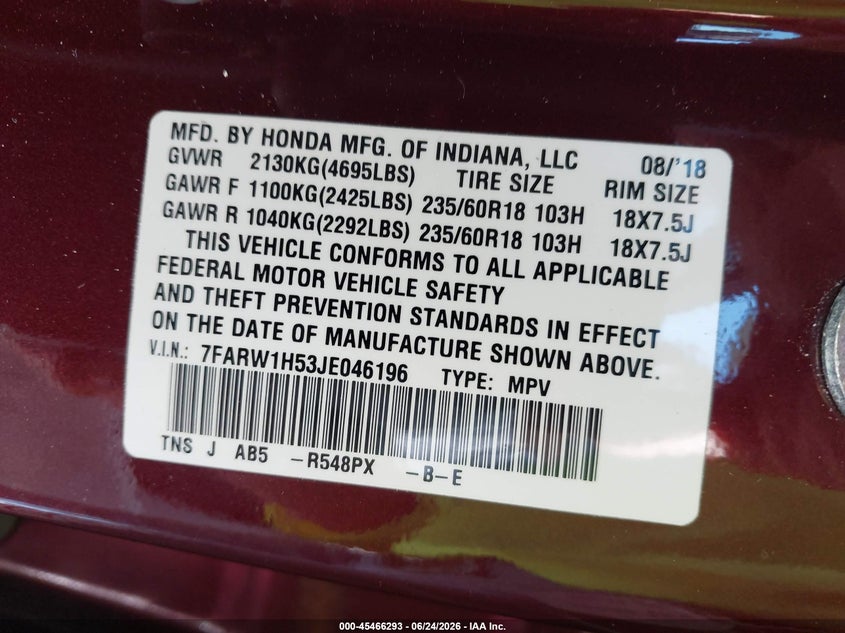 2018 Honda Cr-v VIN 7FARW1H53JE046196 IAAI salvage auction — FRONT END, Rebuildable (Florida), sold $2,750 on 2026-07-10 (photo 9)