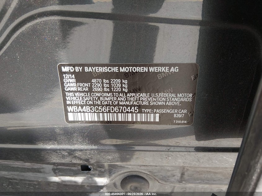 2015 BMW 4er VIN WBA4B3C56FD670445 IAAI salvage auction — LEFT SIDE, Salvage (Connecticut), sold $3,975 on 2026-08-20 (photo 9)