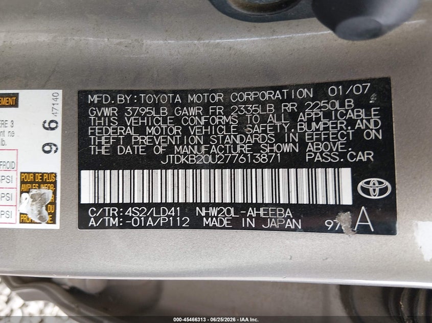 2007 Toyota Prius VIN JTDKB20U277613871 IAAI salvage auction — NORMAL WEAR, Clear - Public Restricted (Oregon), sold $700 on 2026-07-06 (photo 9)