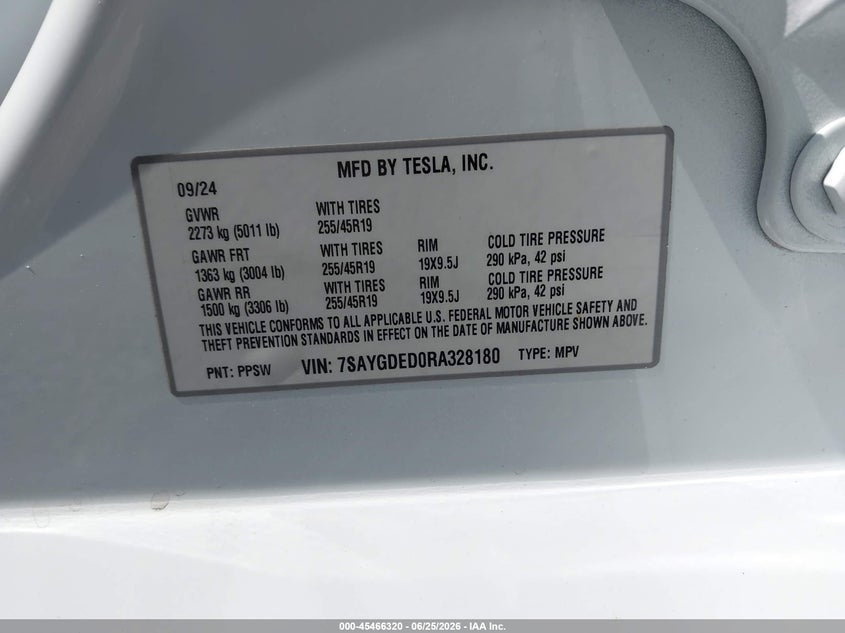 2024 Tesla Model y VIN 7SAYGDED0RA328180 IAAI salvage auction — REAR END, Rebuildable (Florida), sold $8,350 on 2026-07-23 (photo 9)