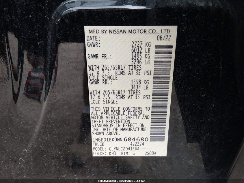 2022 Nissan Navara (frontier) VIN 1N6ED1EK0NN684680 IAAI salvage auction — FRONT END, Clear (Tennessee), sold $8,250 on 2026-08-19 (photo 9)