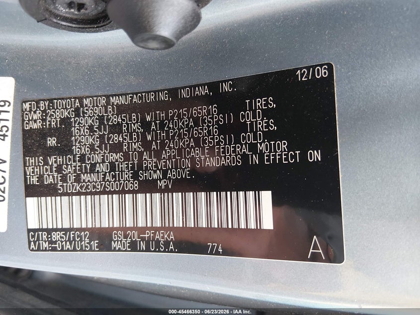 2007 Toyota Sienna VIN 5TDZK23C97S007068 IAAI salvage auction — NORMAL WEAR, Clear (Pennsylvania), sold $975 on 2026-07-13 (photo 9)