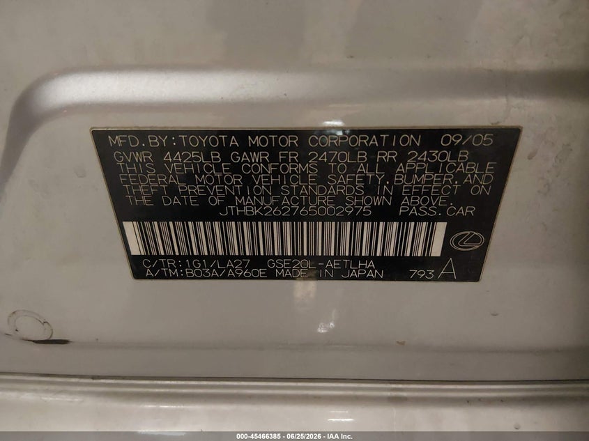 2006 Lexus Is VIN JTHBK262765002975 IAAI salvage auction — FRONT END, Salvage (Idaho), sold $525 on 2026-07-10 (photo 9)