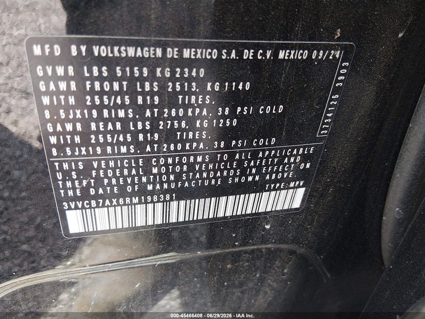 2024 Volkswagen Tiguan VIN 3VVCB7AX6RM198381 IAAI salvage auction — FRONT END, Salvage Title, sold $7,200 on 2026-08-01 (photo 9)