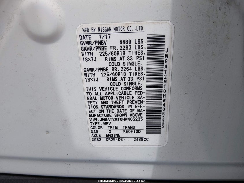 2017 Nissan Rogue VIN JN8AT2MT0HW405235 IAAI salvage auction — REAR END, Salvage (Alabama), sold $25 on 2026-07-15 (photo 9)