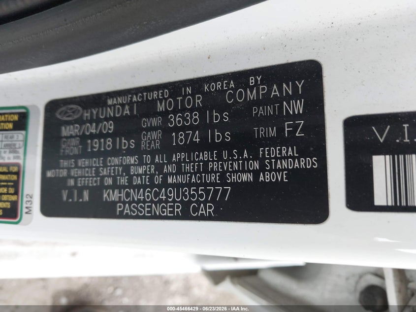 2009 Hyundai Accent VIN KMHCN46C49U355777 IAAI salvage auction — NORMAL WEAR, Clear (Virginia), sold $550 on 2026-07-10 (photo 9)